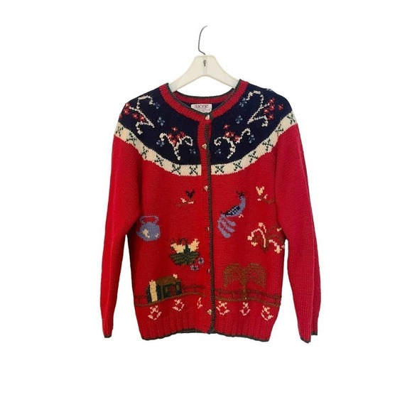 SKYR Vintage Holiday Cardigan Sweater Embroidered Red Women’s Size L - Picture 3 of 12